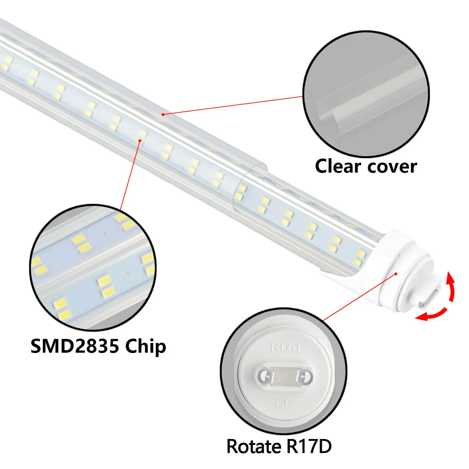 (12 Pack SALE) R17d Rotating Ends T8 LED 8ft 144w 21,888 Lumen CLEAR LENS (NO RF) Quad-Row V-Series