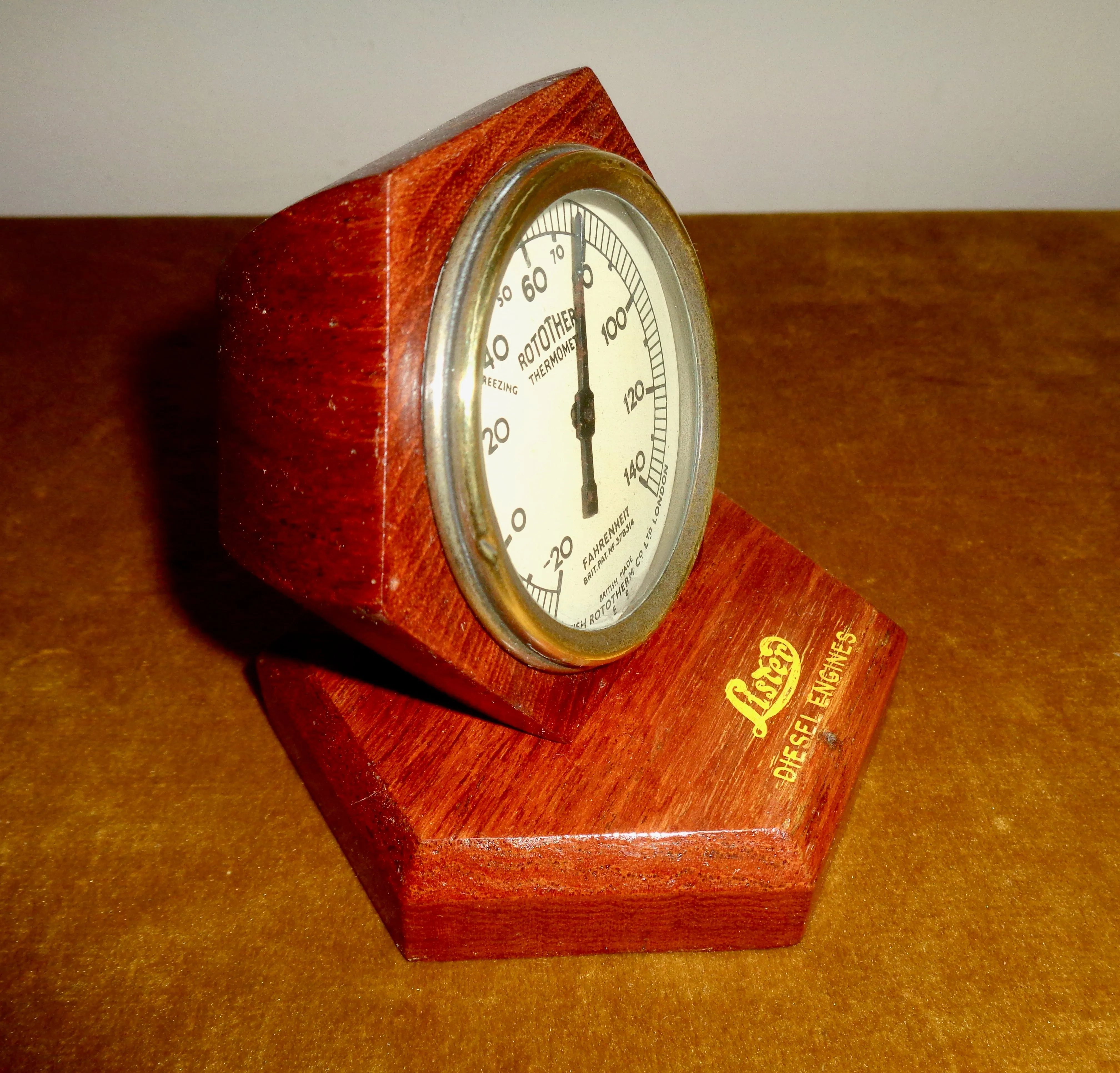 1930s Brass Rototherm Desk Thermometer In A Hexagonal Wood Surround And Plinth