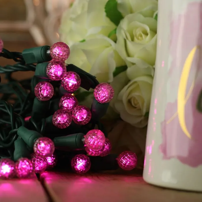 50-light  G12 Pink LED Christmas Lights, 4" Spacing Green Wire