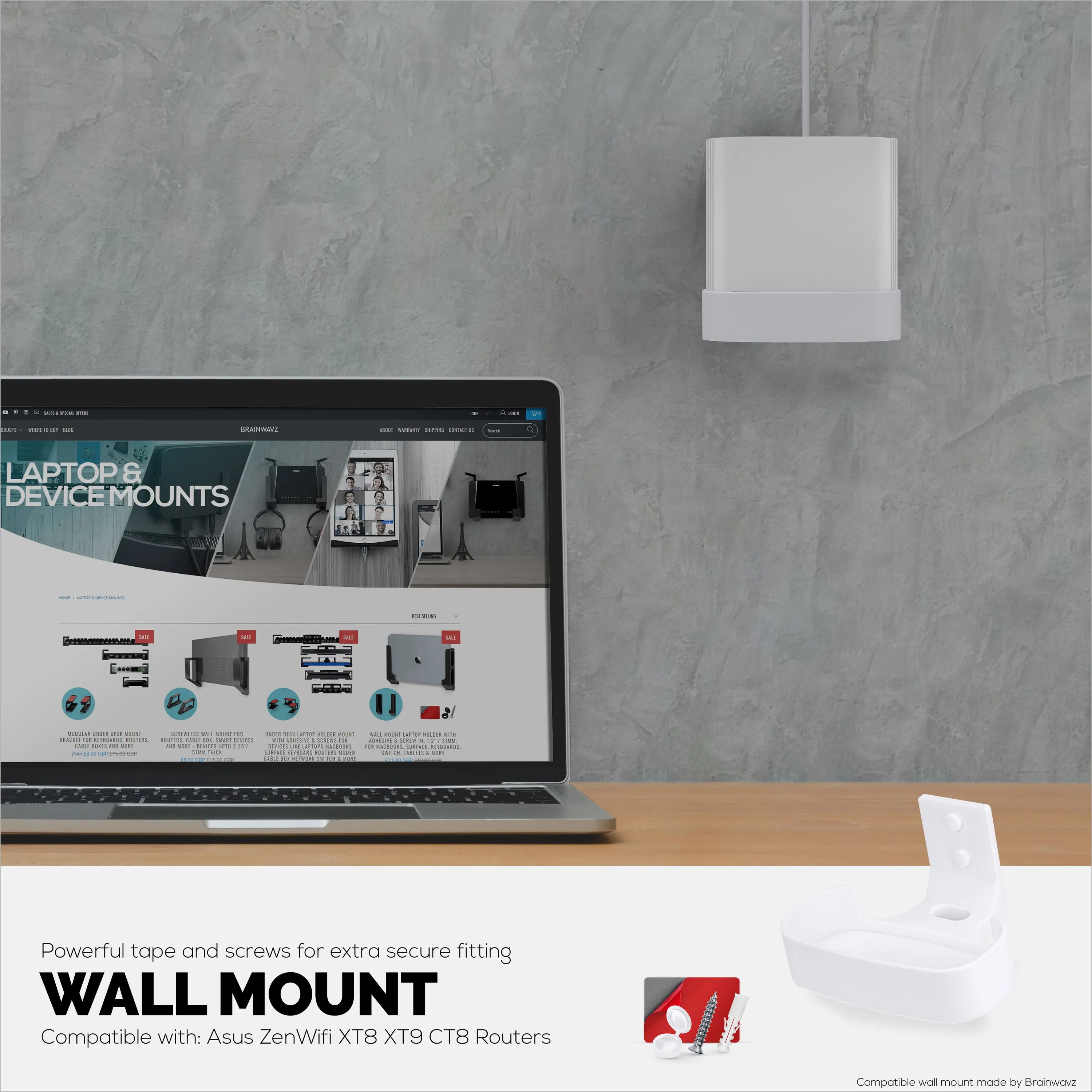 Adhesive Wall Mount for Asus ZenWifi XT8, XT9 & CT8 WiFi Router, Easy To Install Holder, Stick On & Screw In Mounting