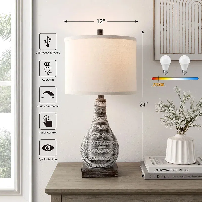 Aphsana 24 Inch Farmhouse Touch Control Table Lamp Set with USB & Type C Port