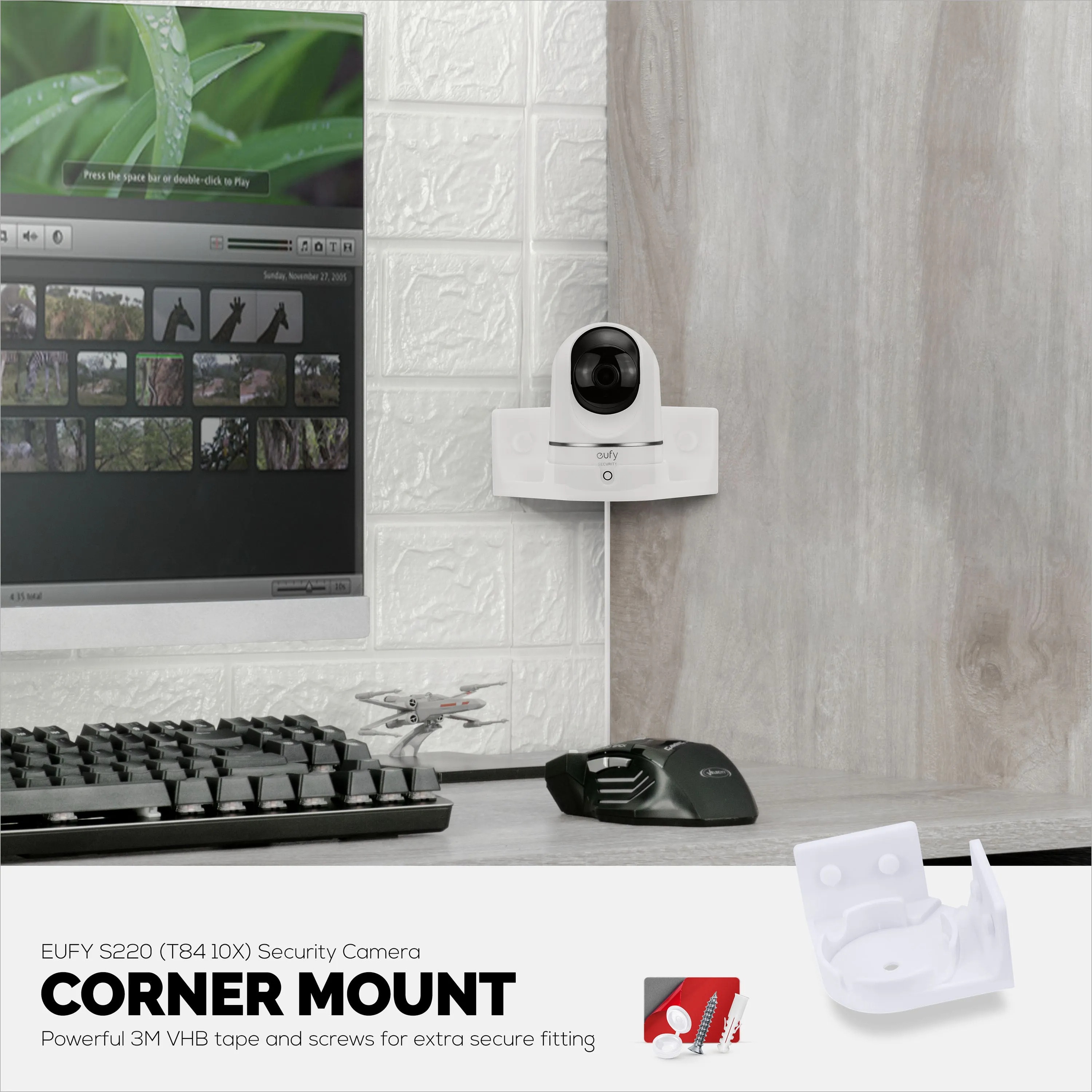 Corner Wall Mount Eufy T8410X (IndoorCam E220 / S220),  Adhesive Security Camera Holder Bracket, Reduce Blind Spots & Clutter, Adhesive & Screw-In Mounting