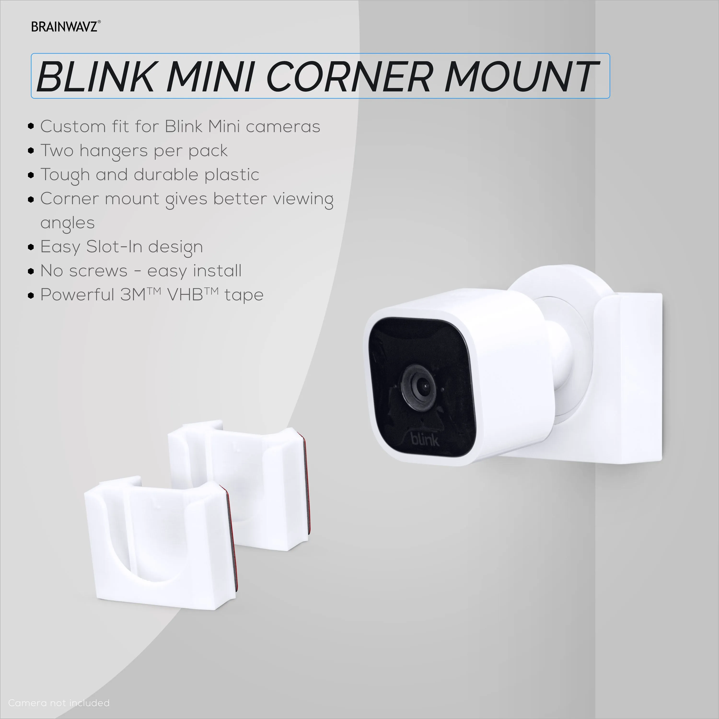 Corner Wall Mount For Blink Mini (2 Pack) Security Camera - Adhesive Holder, No Hassle Bracket, Strong 3M VHB Tape, No Screws, No Mess Install (White)