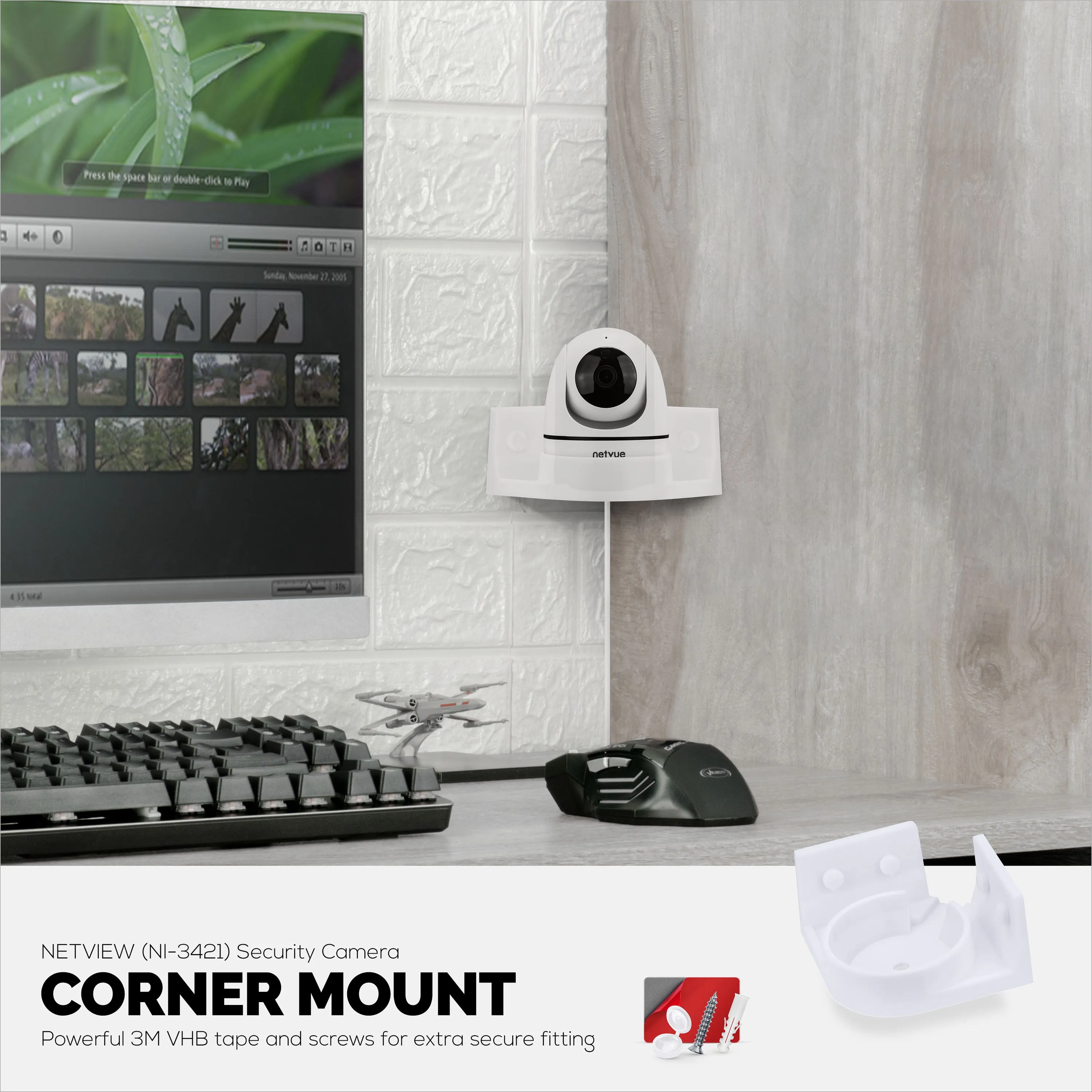 Corner Wall Mount for NETVUE NI-342 Pet & Baby Indoor Camera, Adhesive Security Camera Holder Bracket, Reduce Blind Spots & Clutter, Adhesive & Screw-In Mounting