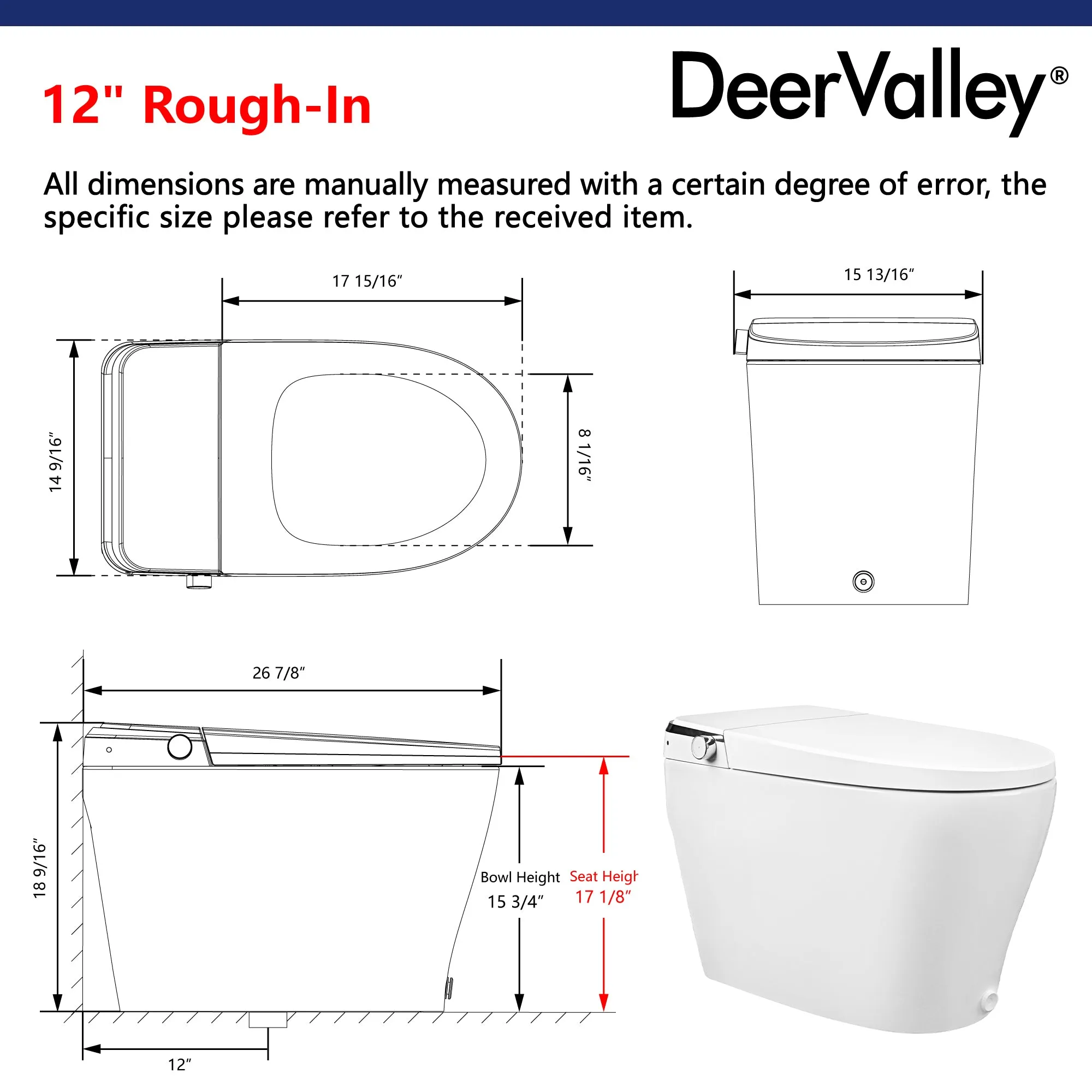 DeerValley DV-1S0029 Smart Bidet Toilet, One-Piece Elongated Smart Toilet with Foot Kick Flush, Warm Wash (Seat Included)