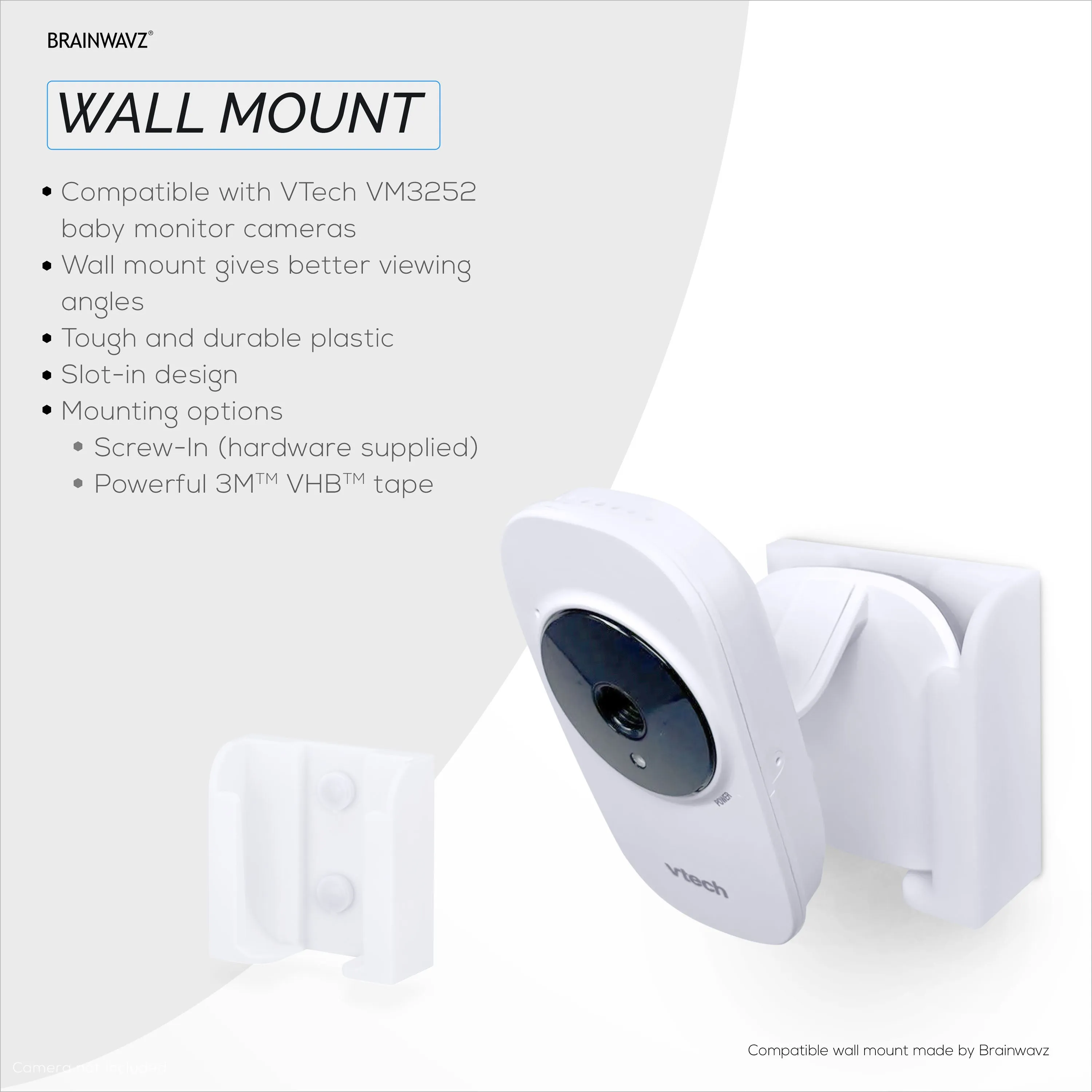 Drill Free Wall Mount For VTECH VM3252 Camera, Easy To Install Holder with Strong Adhesive, No Mess, Reduces Blind Spots & Clutter