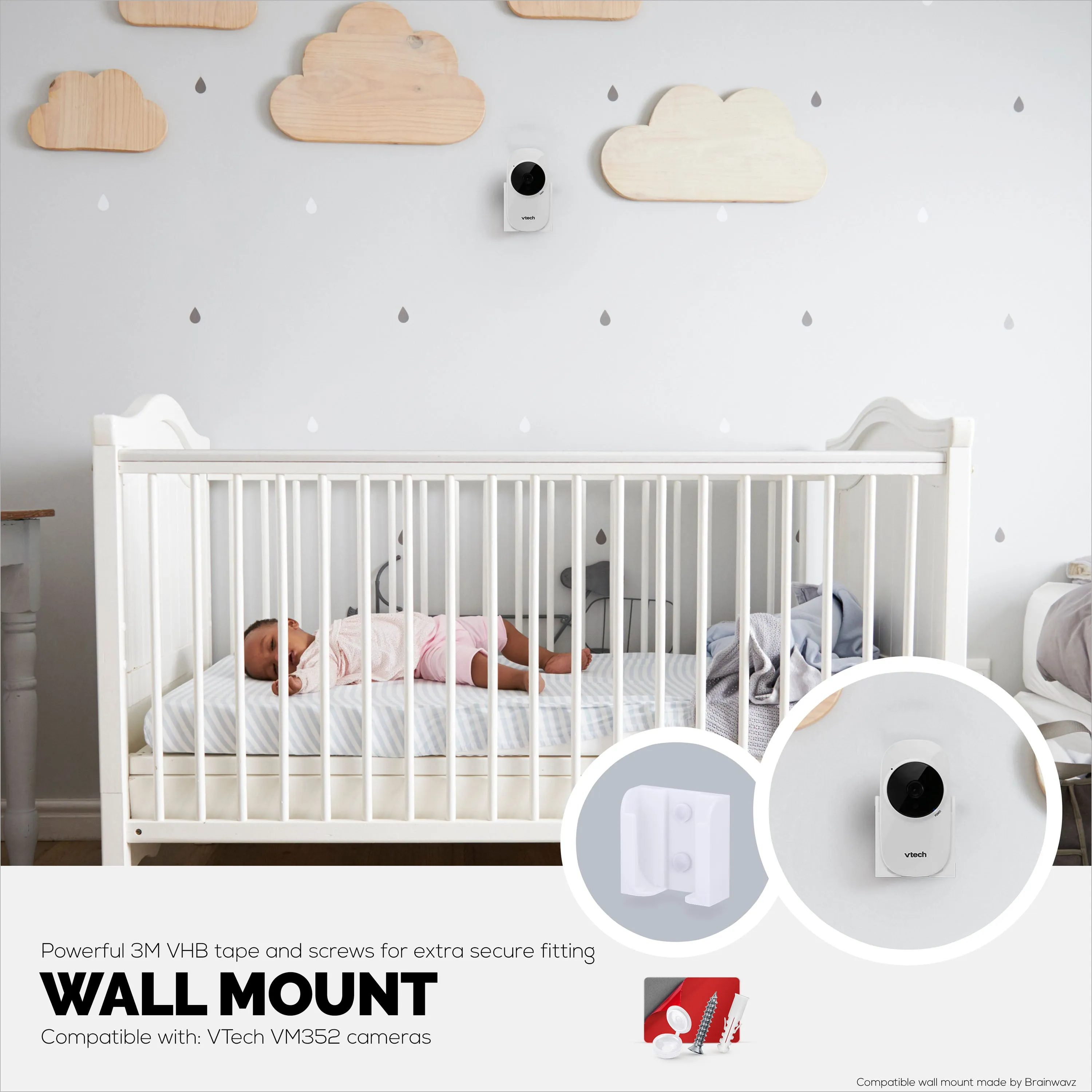 Drill Free Wall Mount For VTECH VM3252 Camera, Easy To Install Holder with Strong Adhesive, No Mess, Reduces Blind Spots & Clutter