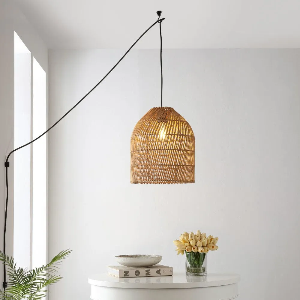 Hardwired 13" Farmhouse Coastal Bohemian Rattan 180" Cord Plug-In or Hardwired LED Pendant