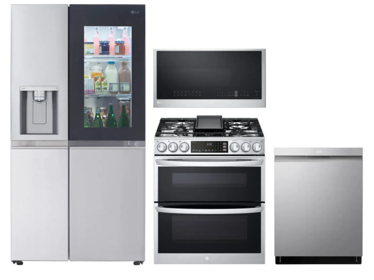 LG 4 Piece Kitchen Appliances Package with Side-by-Side Refrigerator, Gas Range, Dishwasher and Over the Range Microwave in Stainless Steel