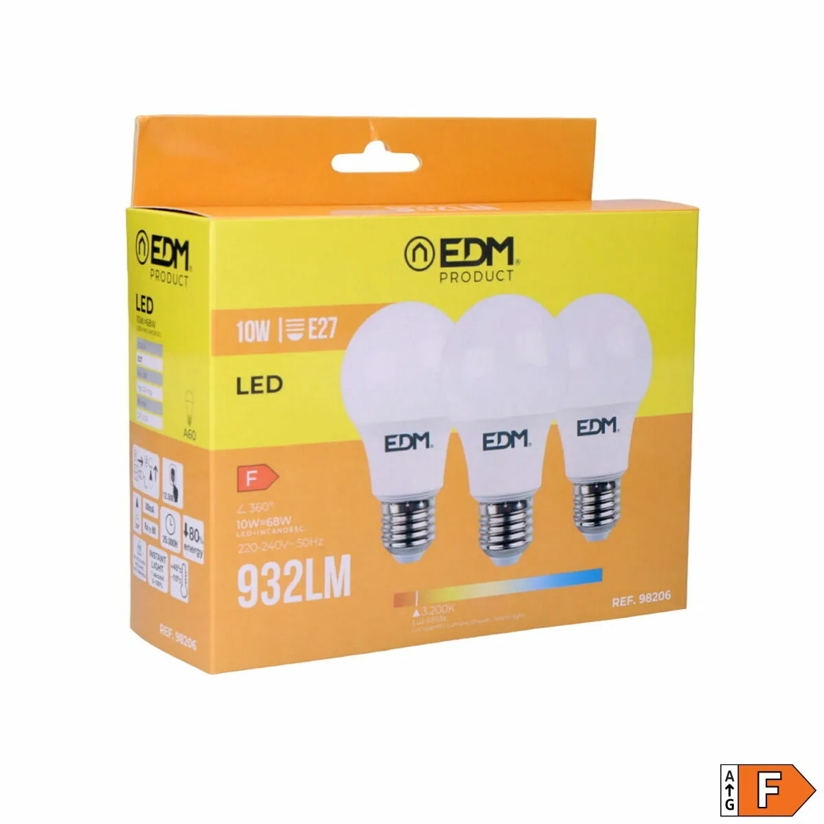 Pack of 3 LED bulbs EDM F 10 W E27 810 Lm Ø 6 x 10,8 cm (3200 K)