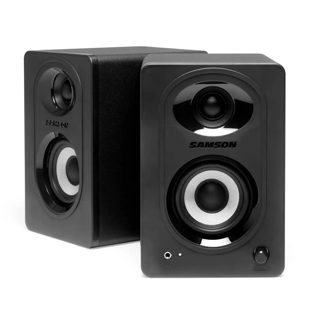 Samson MediaOne M30BT 20W Powered Stereo Two-way Bluetooth Studio Monitor Speakers with 3" Carbon Fiber Woofers, 3/4" Slik-Woven Dome Tweezers, 3.5mm Headphone & Subwoofer Outs for Music Recording, Video Editing, Gaming Livestreaming