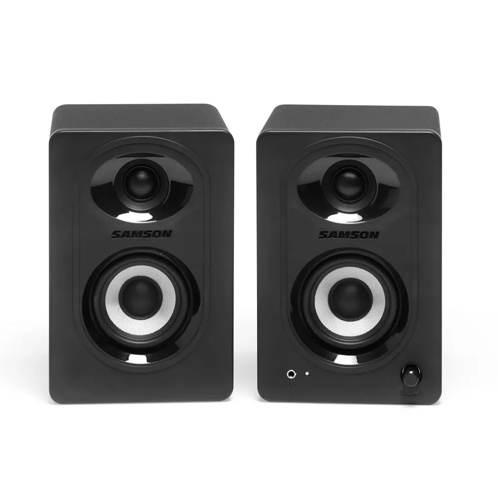 Samson MediaOne M30BT 20W Powered Stereo Two-way Bluetooth Studio Monitor Speakers with 3" Carbon Fiber Woofers, 3/4" Slik-Woven Dome Tweezers, 3.5mm Headphone & Subwoofer Outs for Music Recording, Video Editing, Gaming Livestreaming