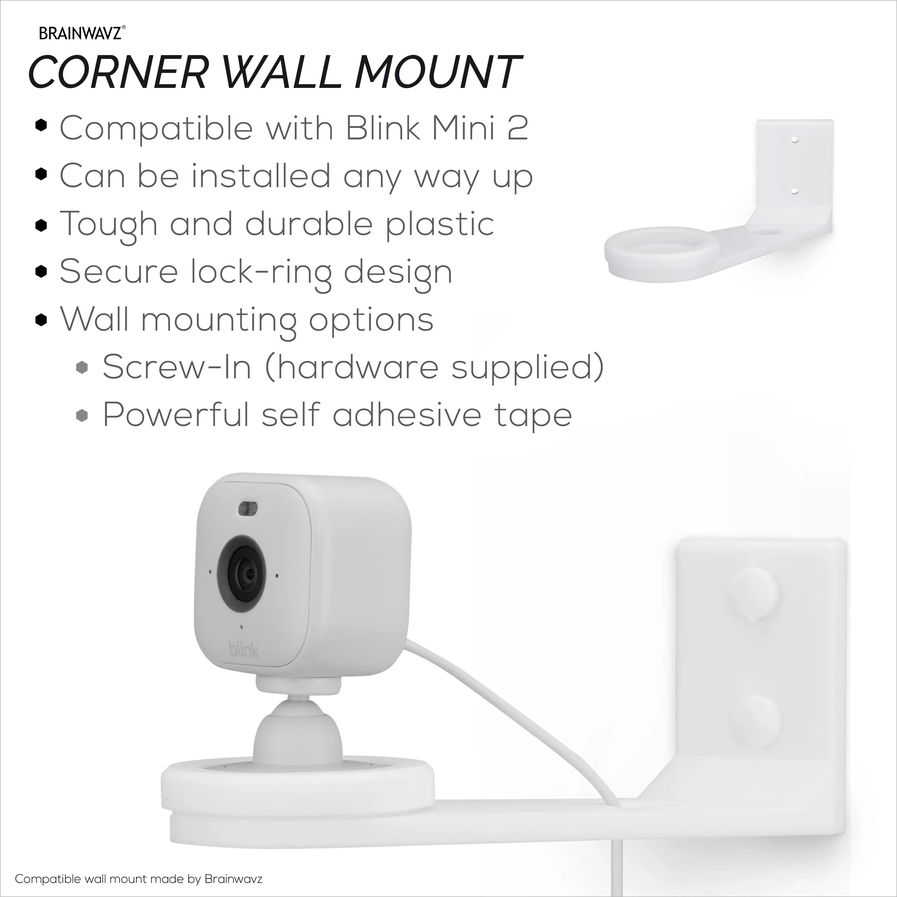 Screwless Corner Mount for Blink Mini 2 Camera, Better Viewing Angles & Reduce Blind Spots, Easy To Install Wall Holder, Adhesive & Screw