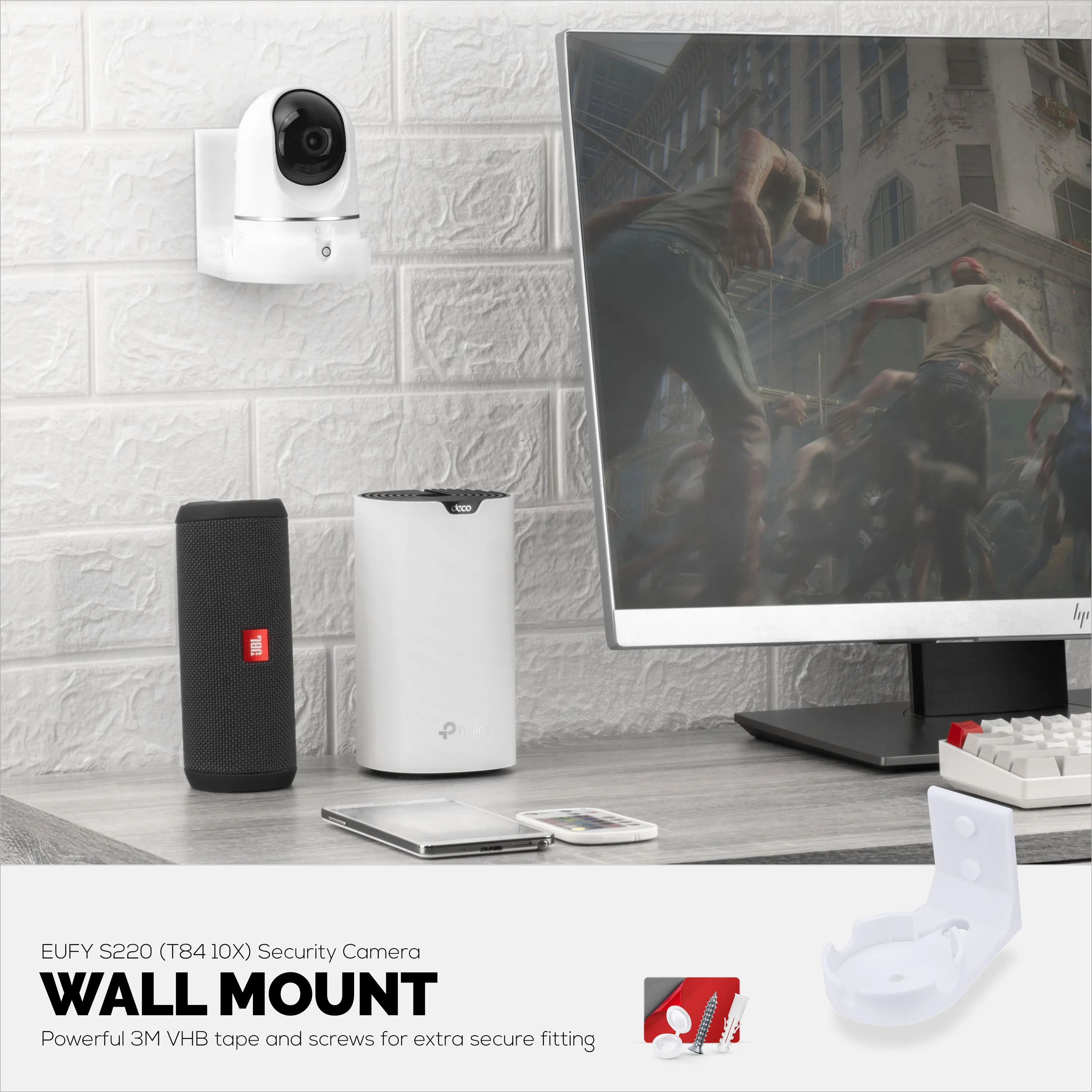 Screwless Wall Mount For Eufy T8400X (IndoorCam E220 / S220) Camera, Strong VHB Adhesive, Easy To Install Holder, No Mess, Reduce Blind Spots & Better Viewing, Bracket Holder Shelf