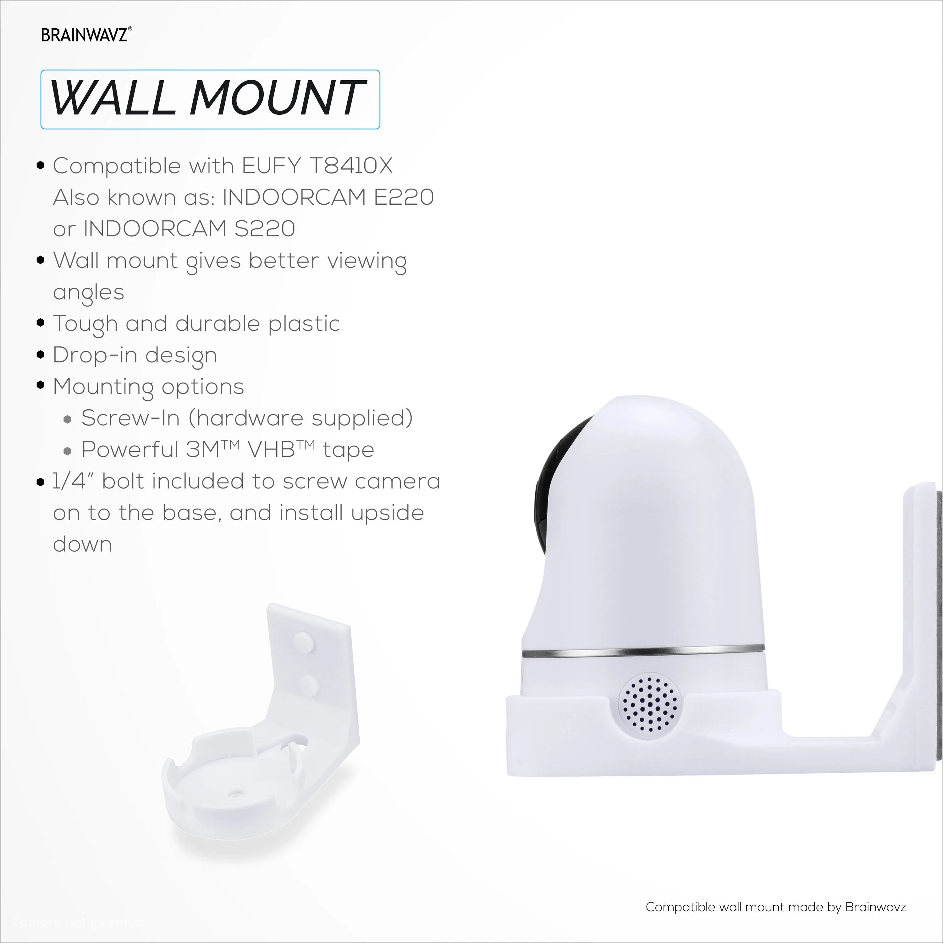 Screwless Wall Mount For Eufy T8400X (IndoorCam E220 / S220) Camera, Strong VHB Adhesive, Easy To Install Holder, No Mess, Reduce Blind Spots & Better Viewing, Bracket Holder Shelf